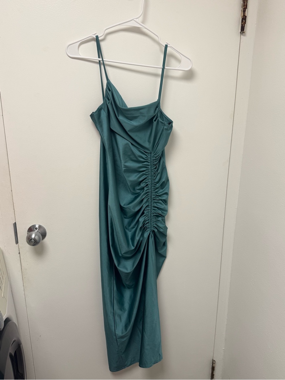 Liz & Sara Ruched Satin Midi Slip Dress in Teal